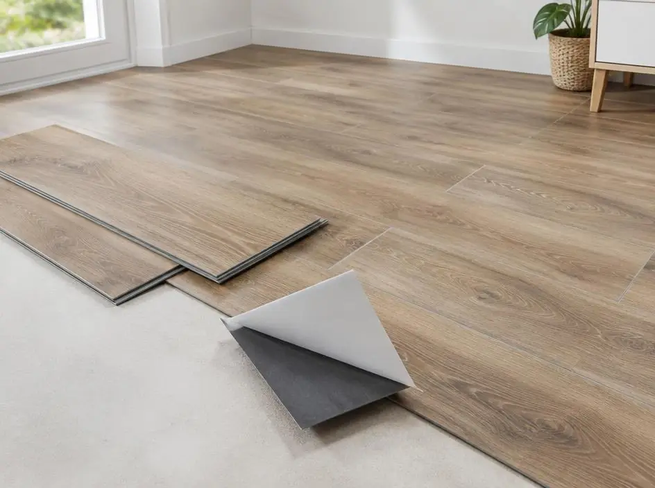 PVC self-adhesive wood-look floor planks being laid